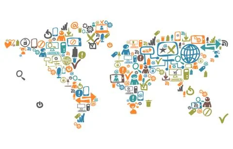 World map composed from social web icons and device Illustrazione stock