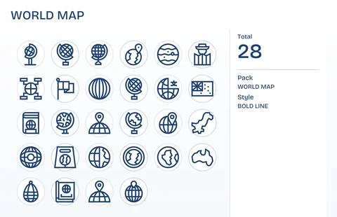 World Map Comprehensive Vector Bundle with 28 Pixel Aligned Bold Line 128x1.. Stock Illustration