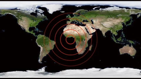 World map with concentric circles expanding. Video stock 332090097