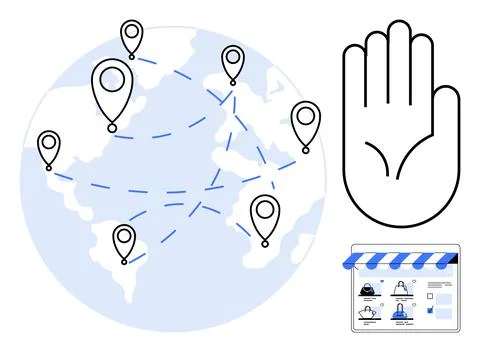 World map with connected location points, hand for security, online store sto Stock Illustration