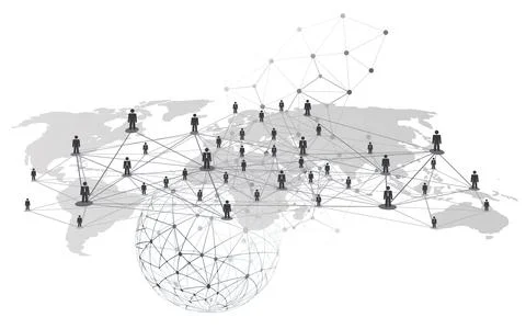 World Map, Connected People, Figures Representing Users or Partners, Nodes .. Illustrazione stock