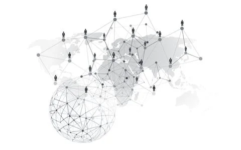 World Map, Connected People, Figures Representing Users or Partners, Nodes .. Illustrazione stock