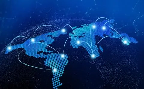 World map, connection lines in technology concept, 3d render of planet earth Stock Illustration