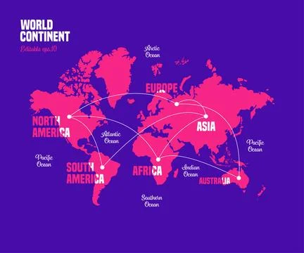World Map Continent List with Ocean Stock Illustration