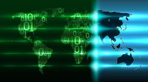 World map with continents from a binary code, background abstract circuit board Stock Illustration