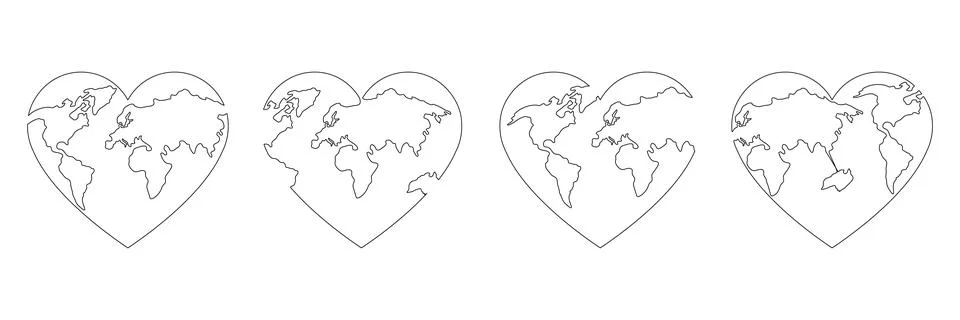 World map continuous line drawing of the heart shape set. Stock Illustration