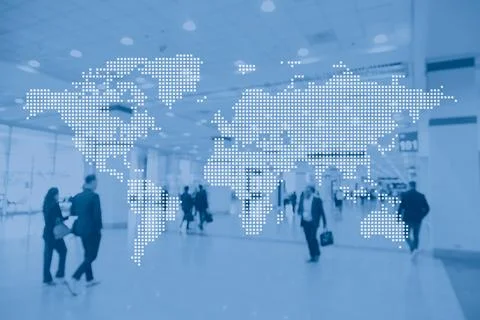 World map with convention center hall corridor background, World conference.. Stock Photos