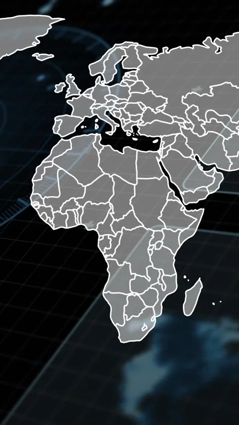 World map with country borders, data processing animation over grid background Stock Footage 342015726
