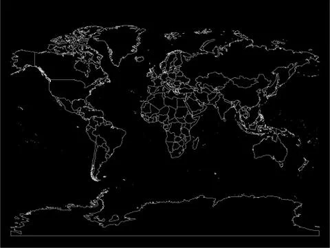 World map with country borders, thin white outline on black background. Simple Illustrazione stock