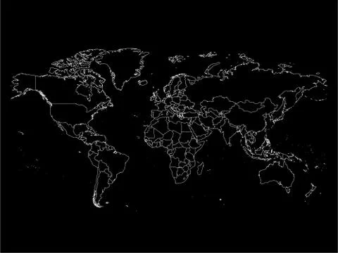 World map with country borders, thin white outline on black background. Simple Stock Illustration