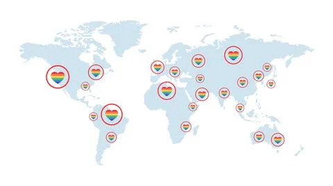 World map covered by rainbow hearts vector flat illustration. LGBTQ, pacifism Stock Illustration