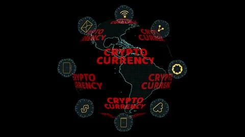 World map with cryptocurrency digital red text rotating and social media icon Stock Photos