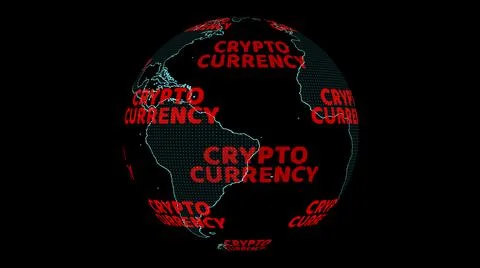 World map with cryptocurrency digital red text on blaack isolated 库存照片