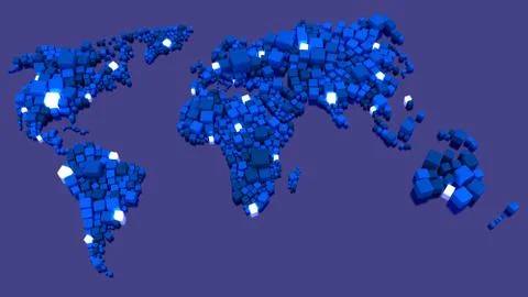 World map of cubes with glowing data nodes Stock Illustration