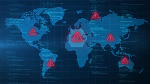World Map Cyber Security Alert with Flashing Warning Icons and Central Shield Stock Footage 344528109