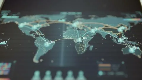 World map dashboard links illuminated regional data center nodes Stock Photos