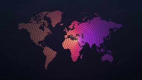 World map of dashed sunburst rays flowing outward in warm gradient colors 库存影片 348337266