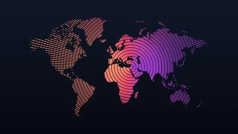 World map of dashed sunburst rays flowing outward in warm gradient colors v.. Stock Illustration