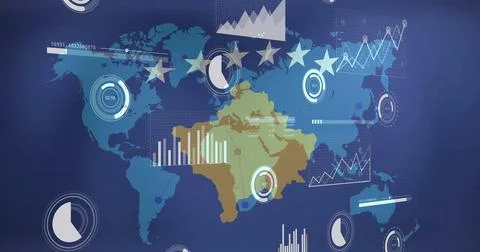 World map with data charts and graphs image over flag of Kosovo Illustrazione stock