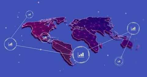 World map with data charts and network connections, image over blue background 스톡 사진