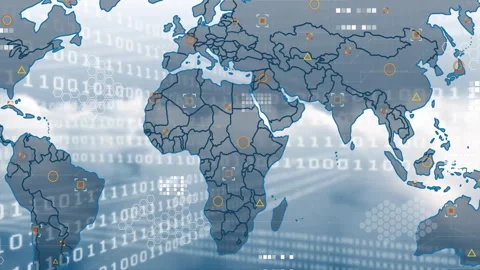 World map with data points and binary code animation over continents Stock Footage 303792976