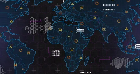 World map with data points and network connections, cyber security animation Видео 304021294