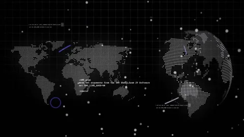 World map with data points and coding animation over dark grid background Stock Footage 306636703