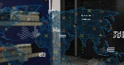 World map with data points and network connections animation over server room Vídeos de archivo 306636876