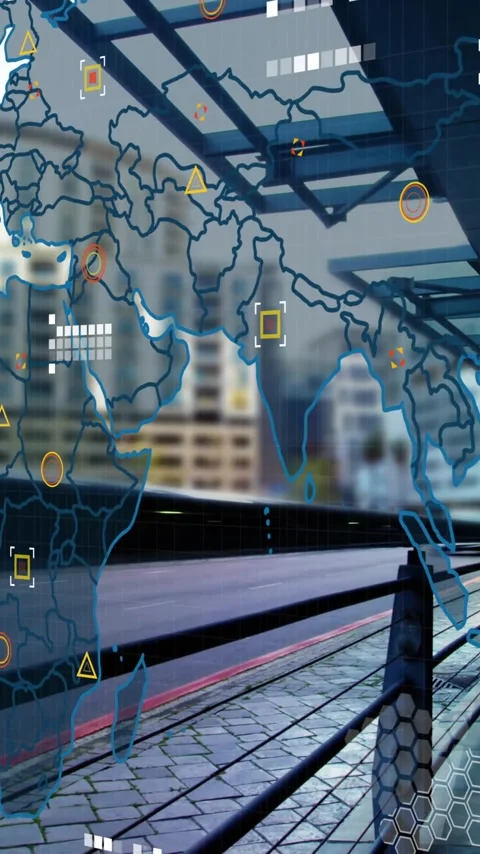World map with data points and network connections animation over urban Stock Footage 319883060