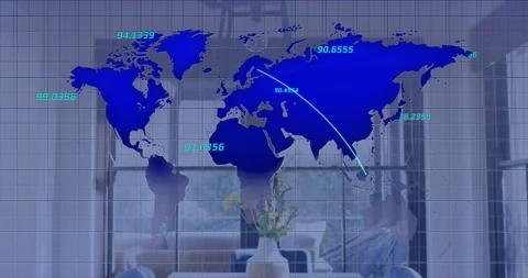 World map with data points and connecting lines animation over office interior Stock Footage 326627653