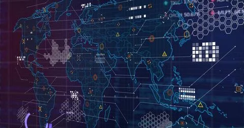 World map with data points and graphs, global data analysis image Illustrazione stock