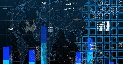 World map with data points and graphs, global data analysis image Stock Illustration
