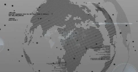 World map with data points and coding image over gray background Illustrazione stock