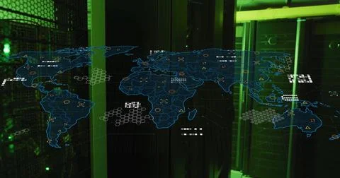 World map with data points and network connections image over server room Stock Photos