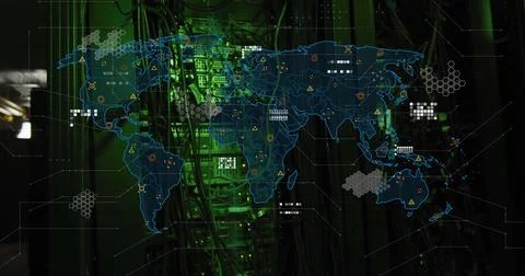 World map with data points and network connections image over server room Stockfoto's
