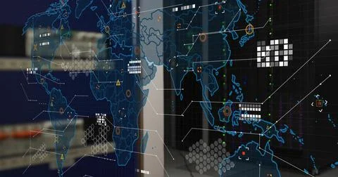 World map with data points and network connections image over office background Foto stock