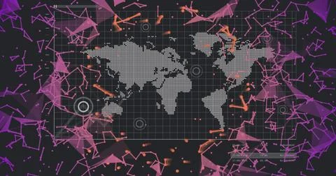 World map with data points and network connections image over abstract shapes Stock Photos