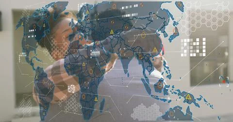 World map with data points and network connections image over people hugging Stock Photos