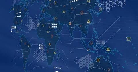 World map with data points and network connections image Foto stock