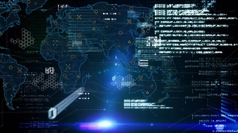 World map with data processing and cybersecurity animation over digital Stock Footage 303792960
