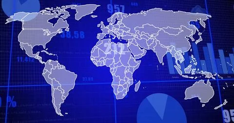 World map with data processing image over blue background and pie chart Stock Illustration