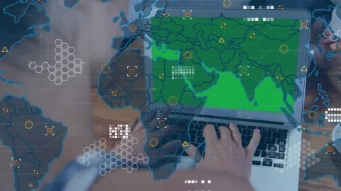 World map with data processing over rear view of woman using laptop with copy Stock Footage 329857600