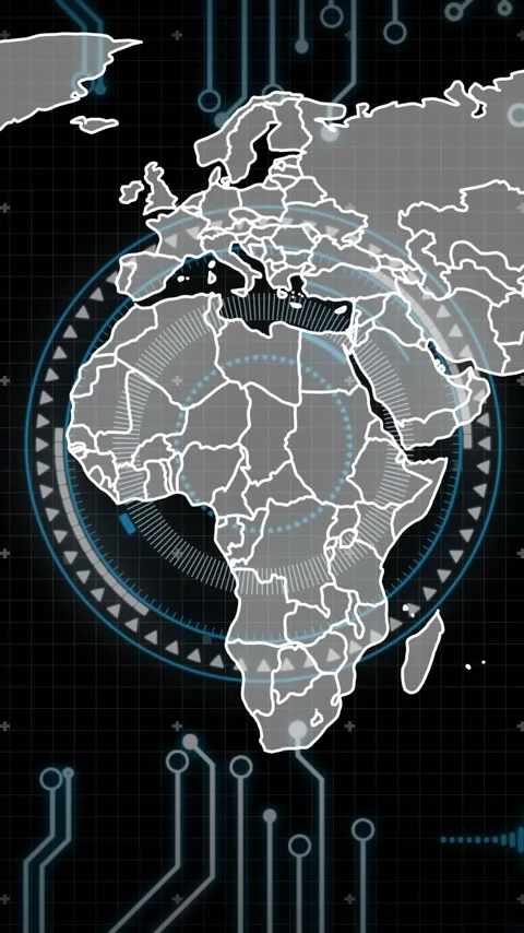 World map with data visualization and circuit board animation Stock Footage 342812981