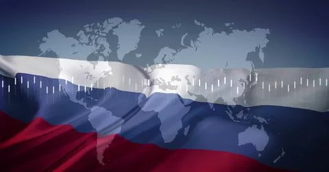 World map with data visualization image over Russian flag background Stock Illustration