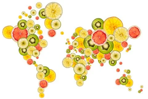 World map designed with slices of fresh fruits Stock Photos