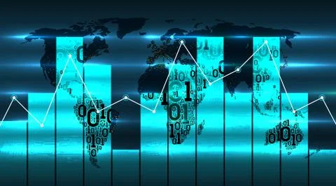 World map with diagram chart and graph. Map of Earth from abstract binary code Illustrazione stock