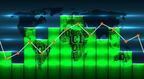 World map with diagram chart and graph. Map of Earth from abstract binary code Illustrazione stock