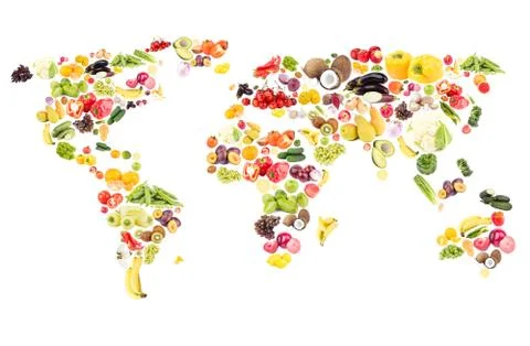World map from different fresh fruits and vegetables, isolated Stock Photos