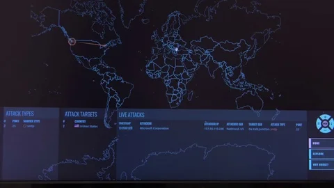 World map with different targets for cyber attack. Hacking and technology Stock Footage 73059411