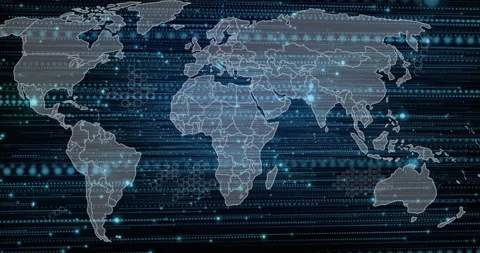 World map with digital data processing animation over blue binary code Stock Footage 303739718